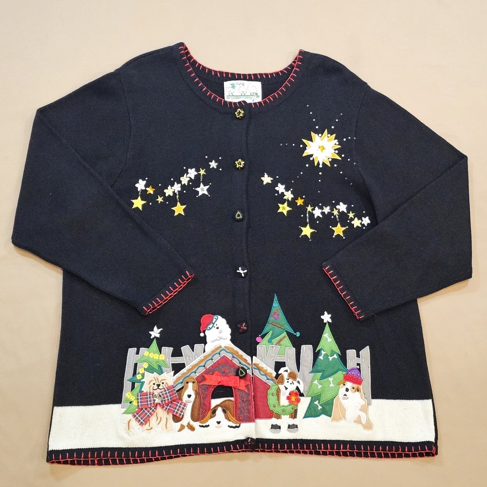 Quacker Factory Christmas Dogs‎ Embellished Cardigan Sweater Womens 2x Holiday